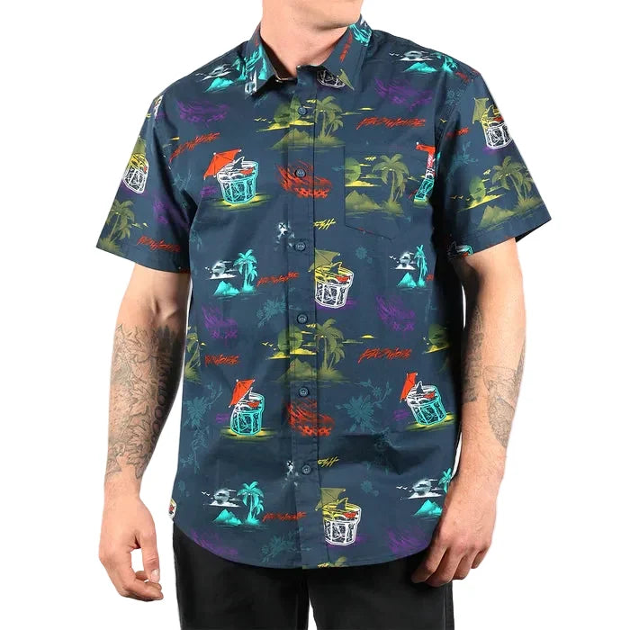 Fasthouse Hideout short sleeve button-up shirt in indigo shown on a model