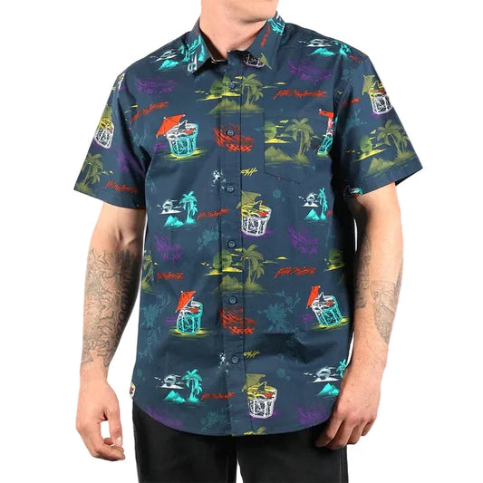 Fasthouse Hideout short sleeve button-up shirt in indigo shown on a model