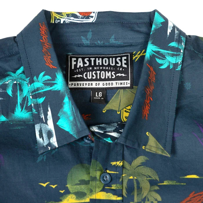 Fasthouse Hideout button-up in indigo, close-up fabric and placket detail
