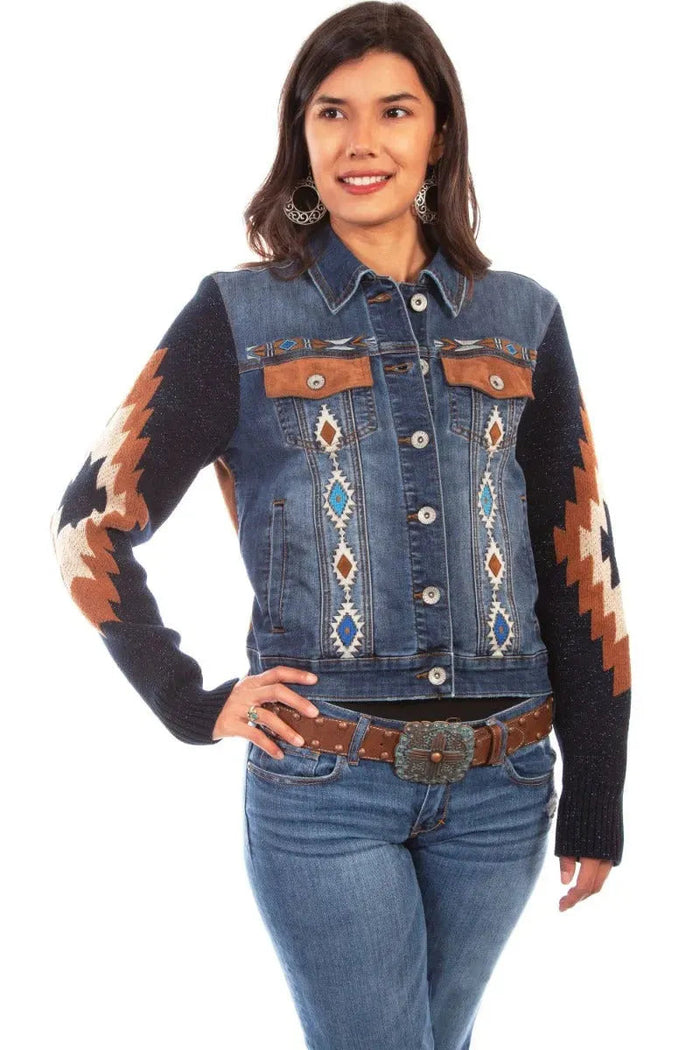Honey Creek Aztec Embroidery - Womens Sweater Sleeve Denim Jacket - Hatcountry
