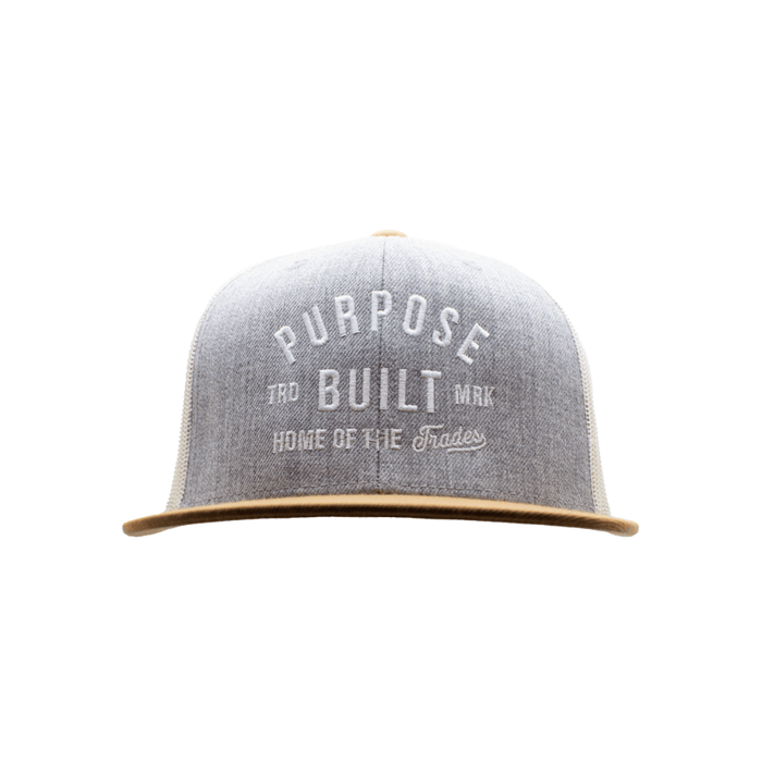 Home of the Trades trademark hat in birch, front view of the embroidered logo