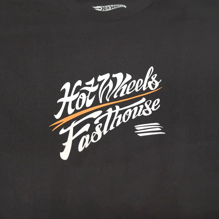 Fasthouse Hot Wheels Dealer tee in graphite black, close-up detail of the graphic