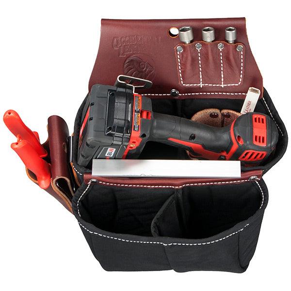 Occidental Leather impact and drill bag loaded with a tool, top view
