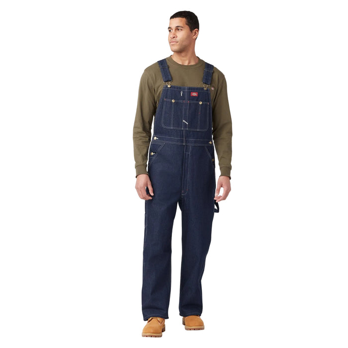 Dickies denim bib overall in indigo blue, front view with adjustable shoulder straps