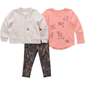 Carhartt infant girls French terry bomber jacket, t-shirt and legging set in Mossy Oak Country DNA camo