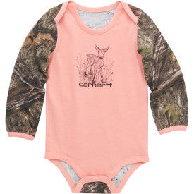 Carhartt infant girls long sleeve camo deer bodysuit in peach amber