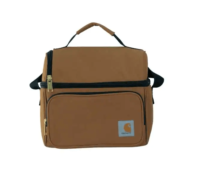 Carhartt brown insulated lunch cooler, alternate view of the two compartments