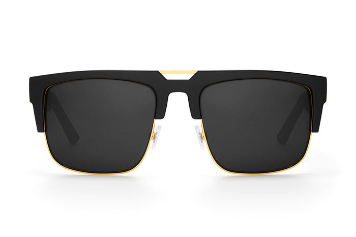 Front view of the Heat Wave Interceptor sunglasses in black and gold with polarized black lens