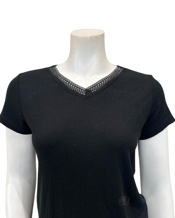 Jackie O'Loungewear Black Short Sleeve Ribbed V Neck Pajamas Set