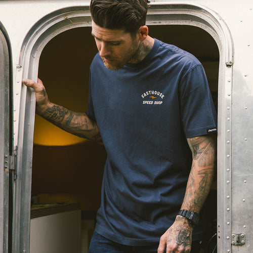 Fasthouse Junction tee in indigo shown on a model