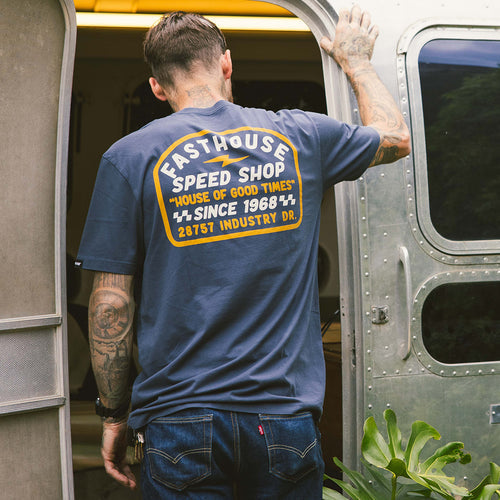 Fasthouse Junction tee in indigo, second modeled view