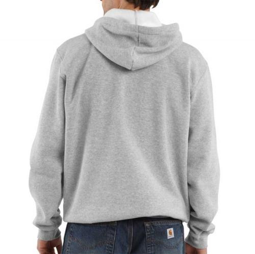 Carhartt K121 heather grey hoodie, alternate view of the drawcord hood and pouch pocket