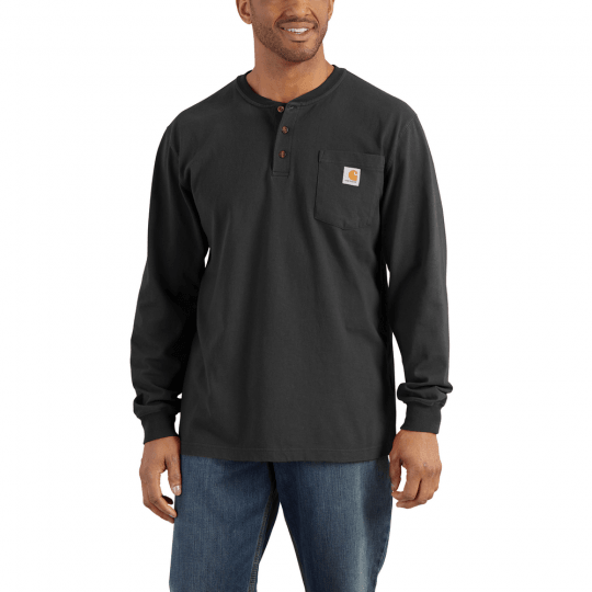 Carhartt K128 heavyweight long-sleeve pocket henley t-shirt in black, big and tall sizing