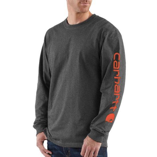 Carhartt K231 long-sleeve logo t-shirt in carbon heather with bold orange sleeve logo