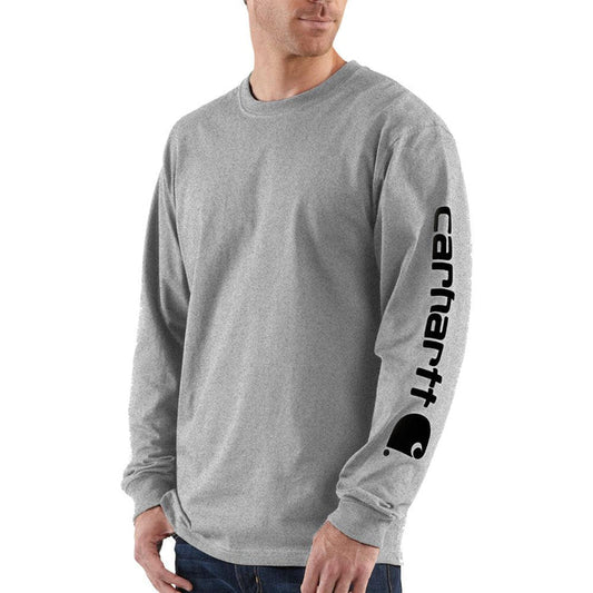 Carhartt K231 long-sleeve logo sleeve graphic t-shirt in heather grey, front view