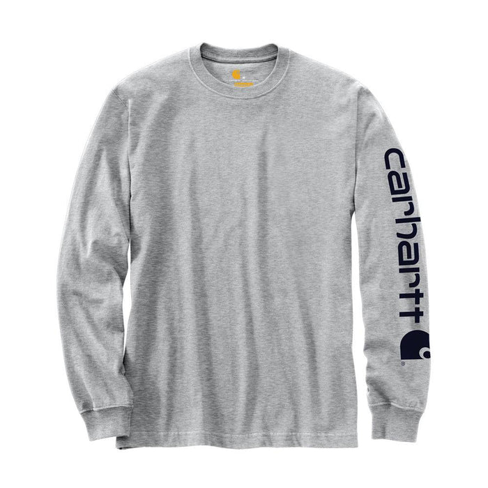 Carhartt K231 heather grey long-sleeve t-shirt with black sleeve logo, front view on model
