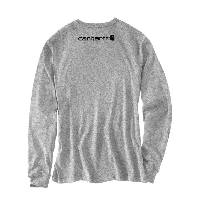 Carhartt K231 heather grey long-sleeve t-shirt, back view showing sleeve logo placement