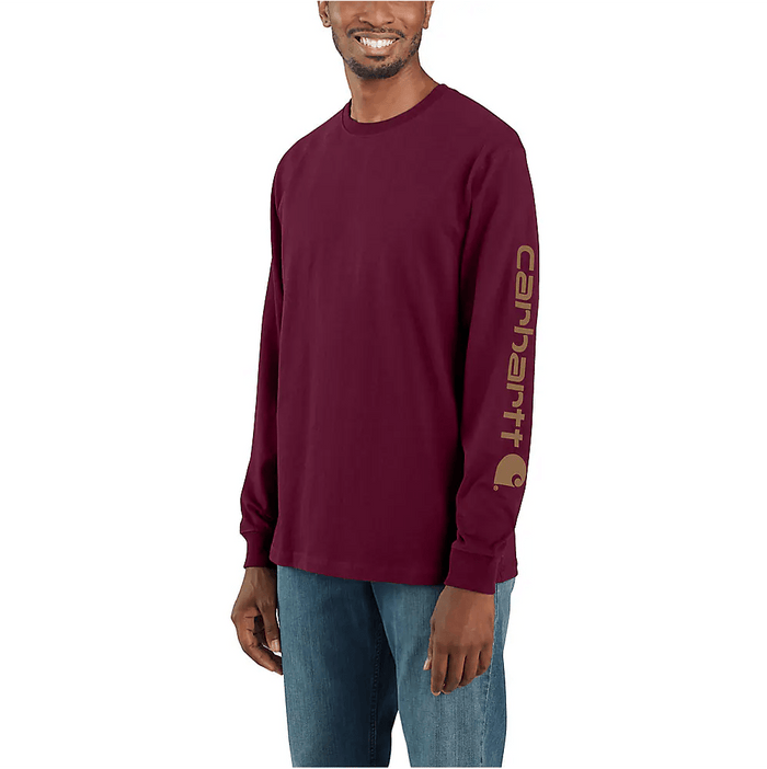 Carhartt K231 loose fit heavyweight long-sleeve logo sleeve t-shirt in port with brown logo