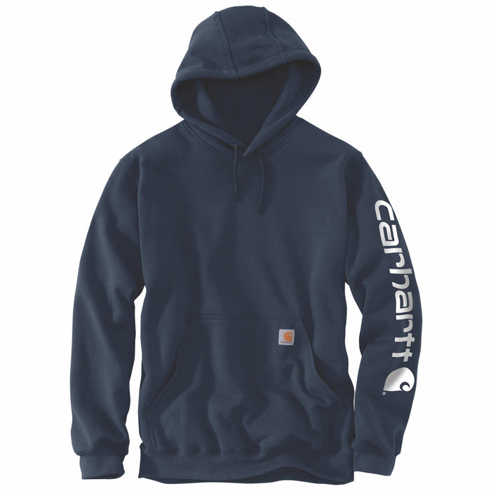 Carhartt K288 midweight logo sleeve graphic hoodie in navy, front view