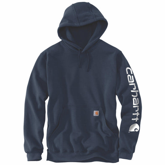 Carhartt K288 midweight logo sleeve graphic hoodie in navy, front view