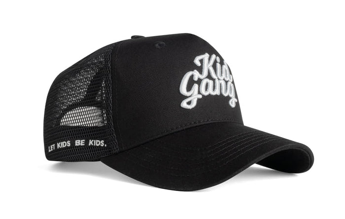 Dad Gang Kid Gang youth trucker hat in black, three-quarter view