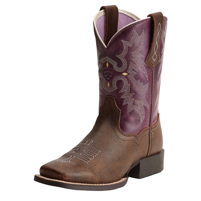 Three-quarter front view of the Ariat Kid's Tombstone western boot in vintage bomber leather