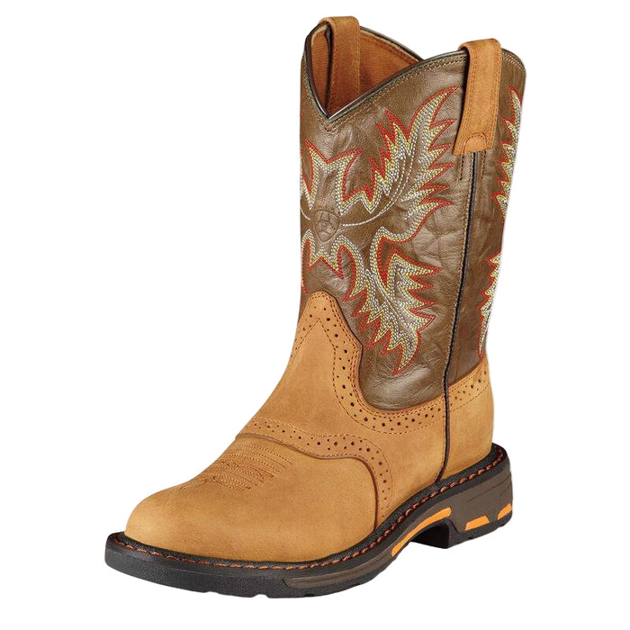 Three-quarter front view of the Ariat Kid's WorkHog pull-on work boot in brown leather