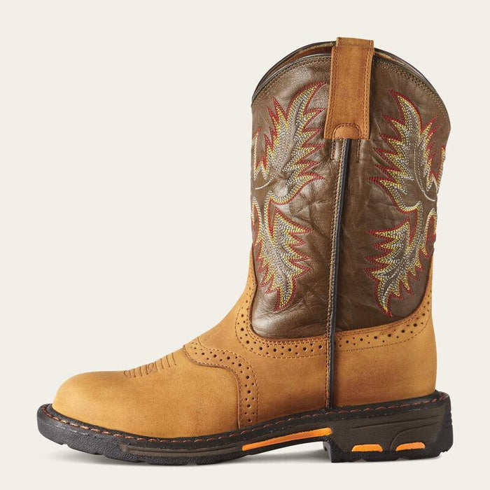 Side profile of the Ariat Kid's WorkHog pull-on boot in brown leather, youth sizing