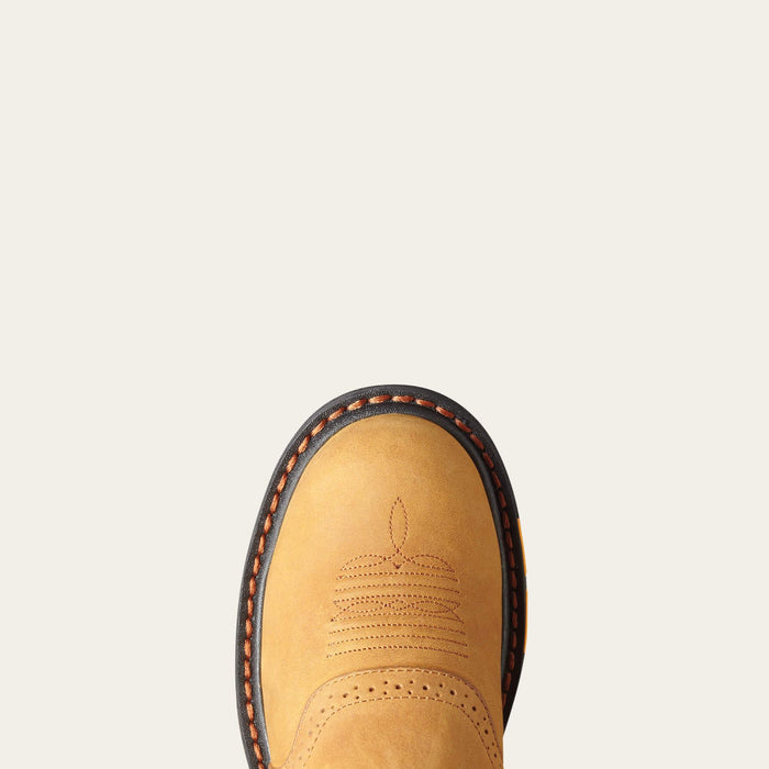 Close-up of the toe on the Ariat Kid's WorkHog pull-on work boot in brown leather