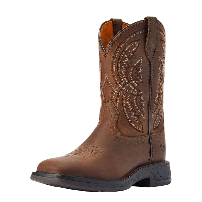 Three-quarter front view of the Ariat Kid's WorkHog XT Coil western boot, youth sizing