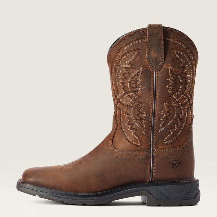 Side profile of the Ariat Kid's WorkHog XT Coil youth western boot in brown leather
