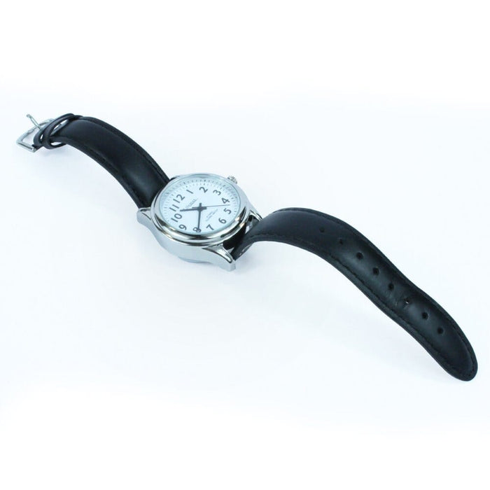 Diagram or packaging of Ladies Talking Atomic Watch with Leather Strap highlighting dimensions or features.