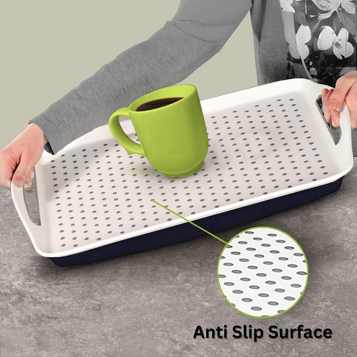 Lap Tray with Bean Bag attached to a wheelchair, rollator or walking aid, demonstrating how it provides convenient storage.