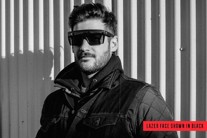Heat Wave Lazer Face polarized black Z87 sunglasses shown worn on the job