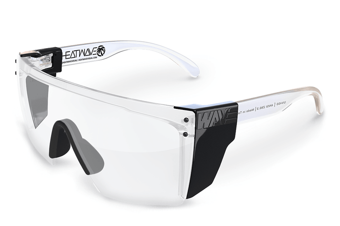Side view of the Heat Wave Lazer Face clear Z87 glasses with black temple arms