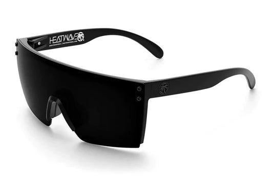 Angled view of the Heat Wave Lazer Face ultra black Z87 safety sunglasses