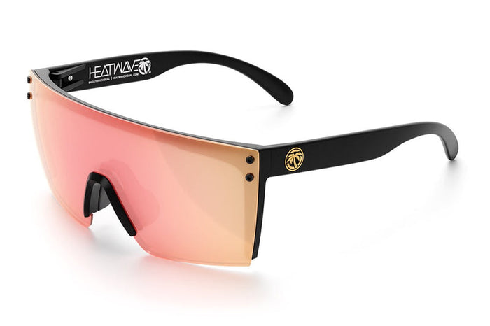 Angled view of the Heat Wave Lazer Face Z87 sunglasses in black with rose gold lens