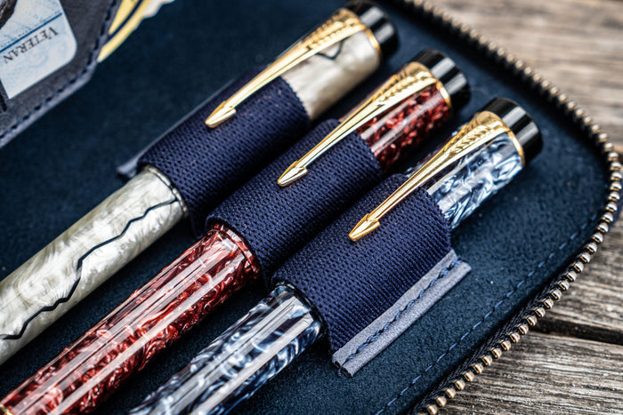 Leather Zippered 3 Slots Pen Case - Crazy Horse Navy Blue