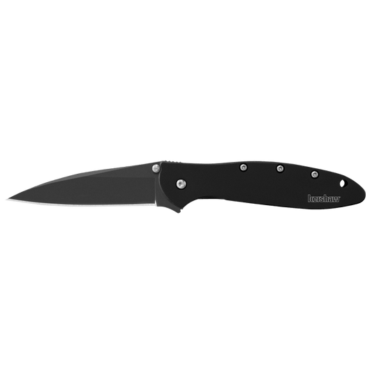 Kershaw Leek folding pocket knife in black, profile view of the slim blade and handle