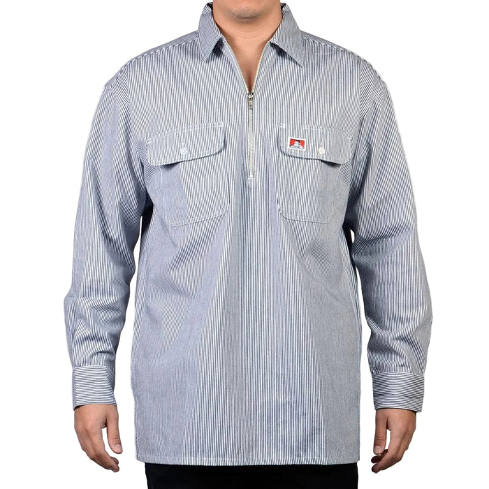 Ben Davis long sleeve cotton half-zip work shirt in hickory stripe, big and tall sizing