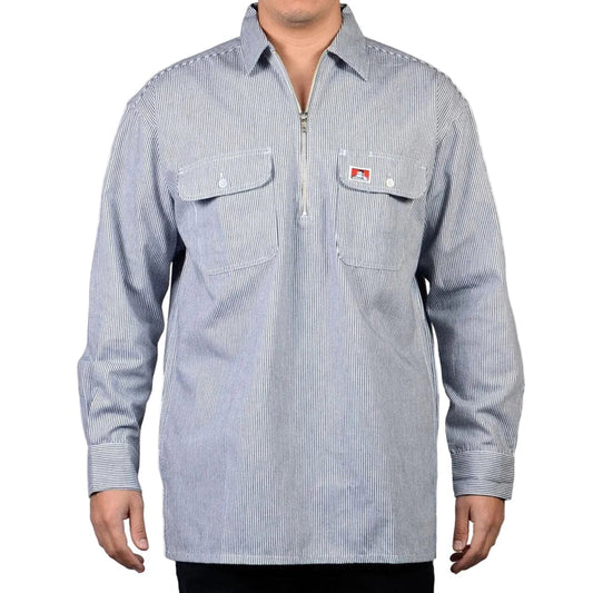 Ben Davis long sleeve cotton half-zip work shirt in hickory stripe, big and tall sizing