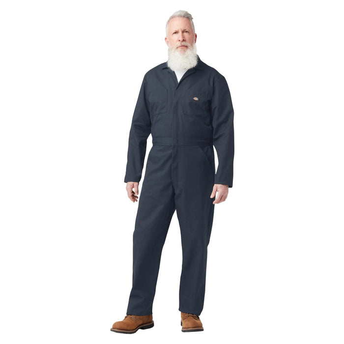 Dickies long sleeve twill work coverall in dark navy, front view with zip front