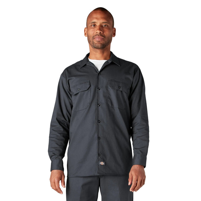 Dickies long sleeve button-up work shirt in charcoal gray, front view, big and tall sizing