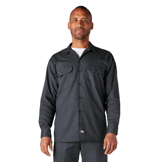 Dickies long sleeve button-up work shirt in charcoal gray, front view, big and tall sizing