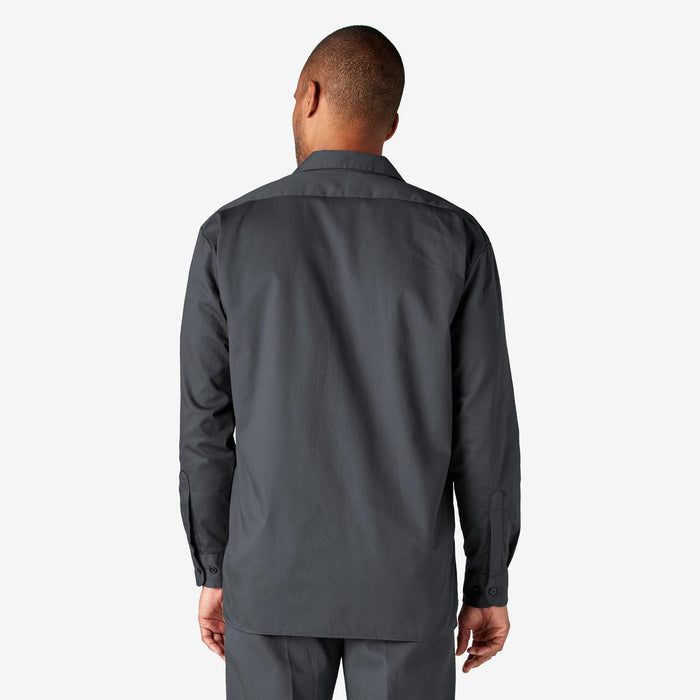 Back view of the Dickies long sleeve work shirt in charcoal gray with center pleat and yoke