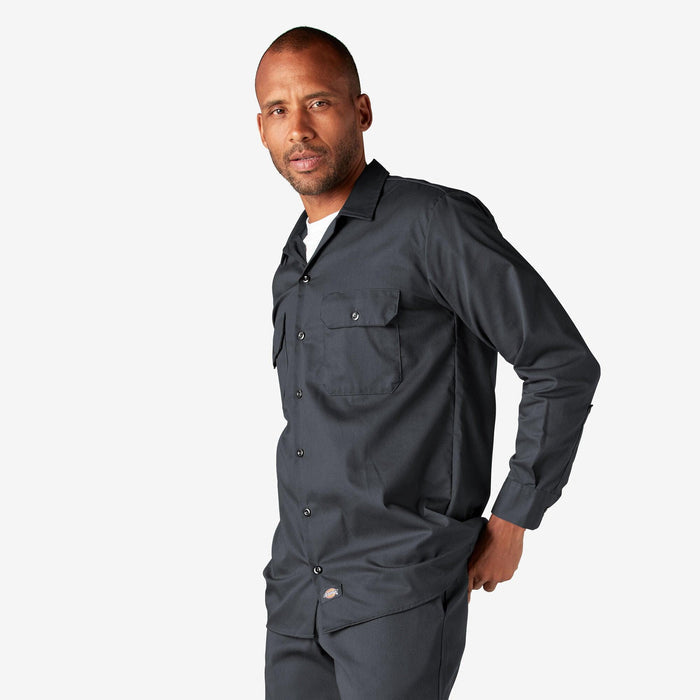 Dickies charcoal gray long sleeve work shirt, alternate view of the collar and placket