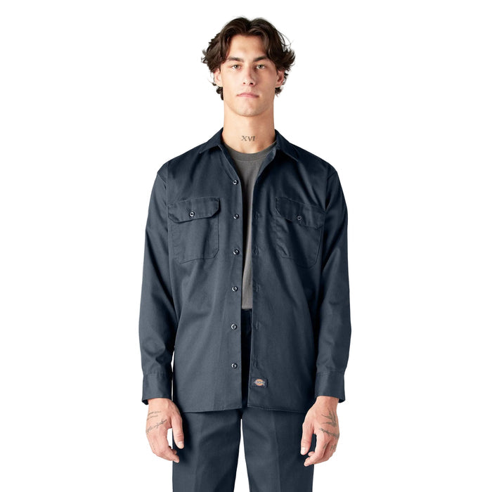 Dickies long sleeve button-up work shirt in dark navy, front view, big and tall sizing