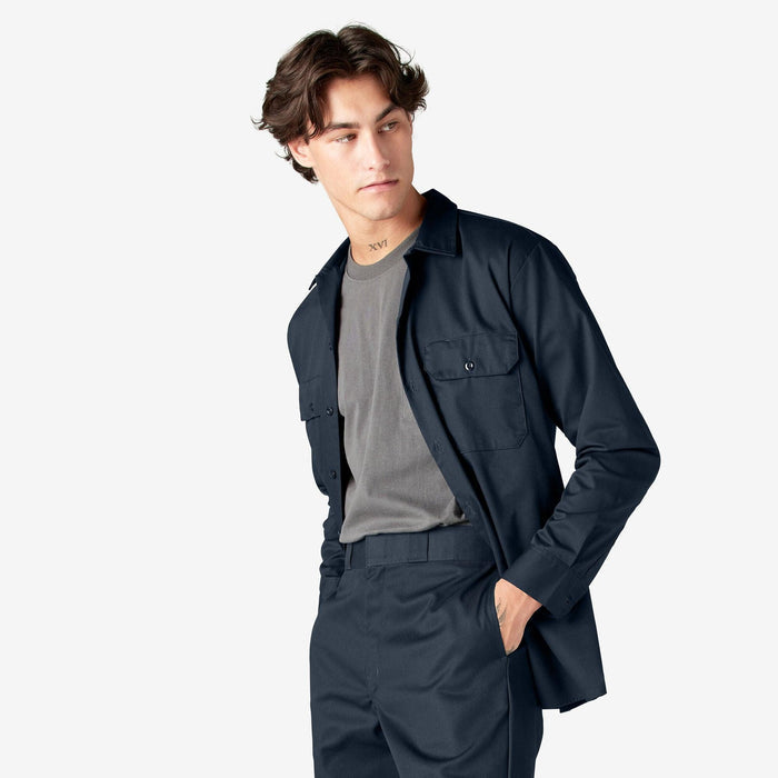 Dickies dark navy long sleeve work shirt, alternate view of the collar and placket