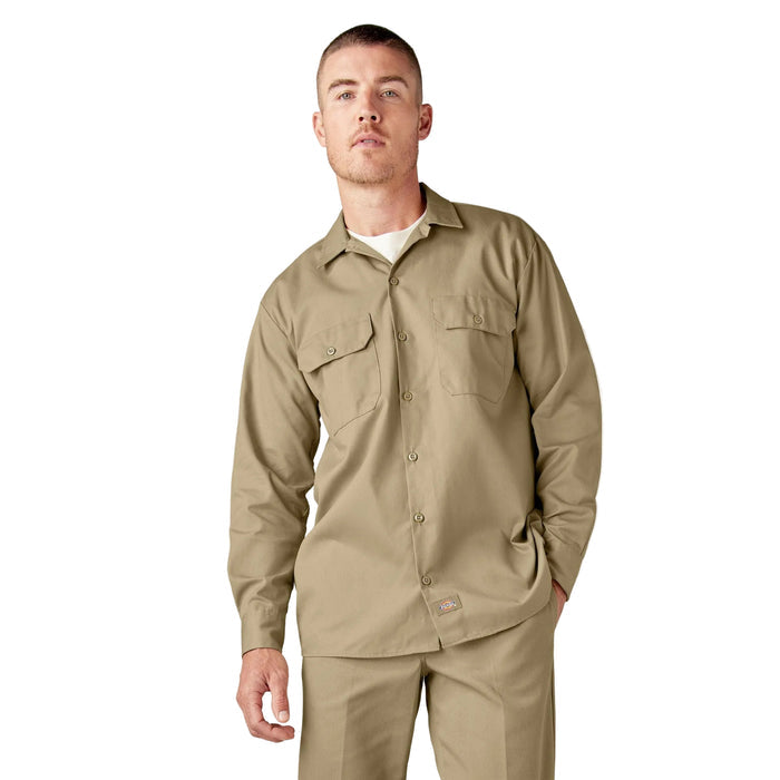 Dickies long sleeve button-up work shirt in khaki, front view, big and tall sizing available
