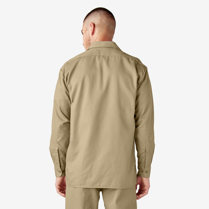 Back view of the Dickies long sleeve work shirt in khaki showing the center pleat and yoke